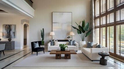 Fototapeta premium Elegant living room featuring a modern design with a neutral color palette, large windows, stylish furniture, decorative plants, and contemporary art on the walls. Perfect for cozy relaxation.