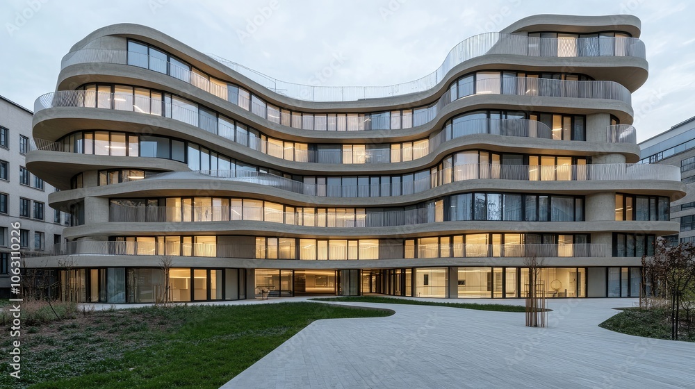 Poster modern architecture with curved facade and reflections