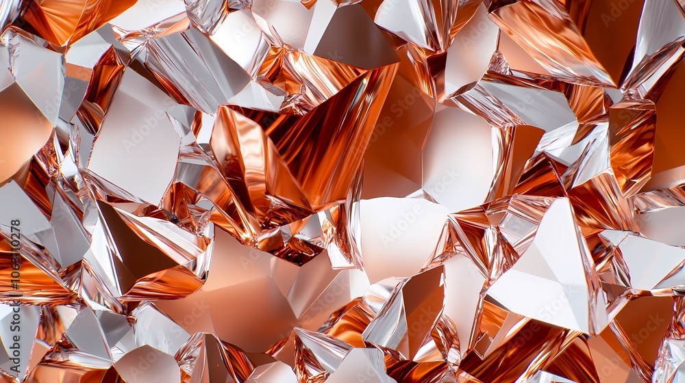 Poster the image contains a abstract background of a cluster of shiny, angular, copper and silver colored s