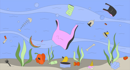 Marine litter floating underwater ocean flat illustration. Plastic and organic waste undersea 2D cartoon background. Environmental disaster. Contamination water. Sea pollution scene vector image