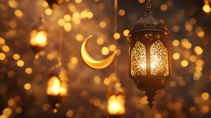 A close-up of decorative lanterns and a crescent moon, evoking a festive atmosphere. AI Image