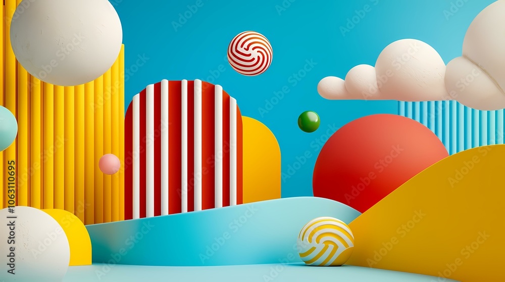 Poster the image contains a bright, colorful, abstract background with geometric shapes and patterns. it's 