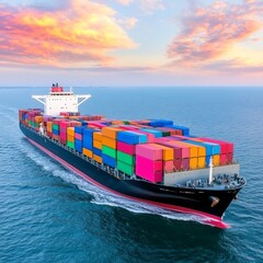 Fototapeta premium A large cargo ship loaded with colorful shipping containers on the ocean.