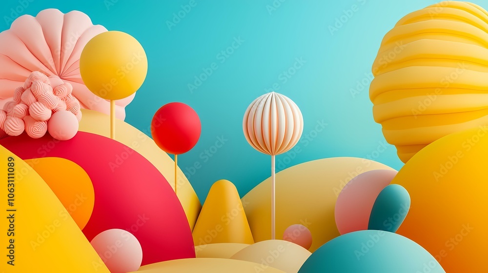 Poster a blue background with colorful abstract spheres and shapes creating a whimsical and playful 3d land