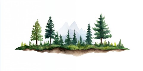 Fototapeta premium Watercolor painting of a forest scene with tall pine trees, a mountain range in the distance, and a grassy foreground.