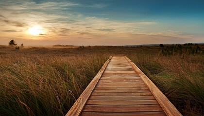 Obraz premium light brown wood passway over a pond in a park, AI generated