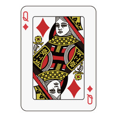 Queen of diamonds playing card, red and black traditional design, elegant face card.
