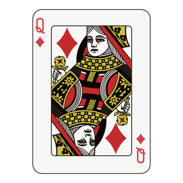 Queen of diamonds playing card, red and black traditional design, elegant face card.
