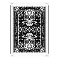 Back of playing card with ornate black skull pattern, intricate decorative border.
