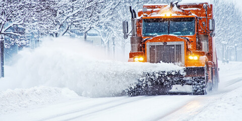 A large red snowplow clearing a snowy road in a wintery residential area, illustrating efficient snow removal amid heavy snowfall..