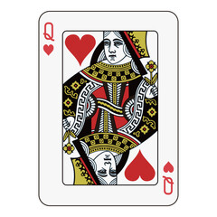 Queen of hearts playing card, elegant face card design with red and black details.
