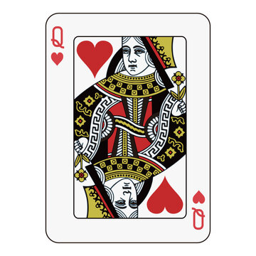Queen of hearts playing card, elegant face card design with red and black details.
