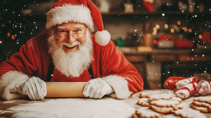 Santa Claus baking cookies, smiling	