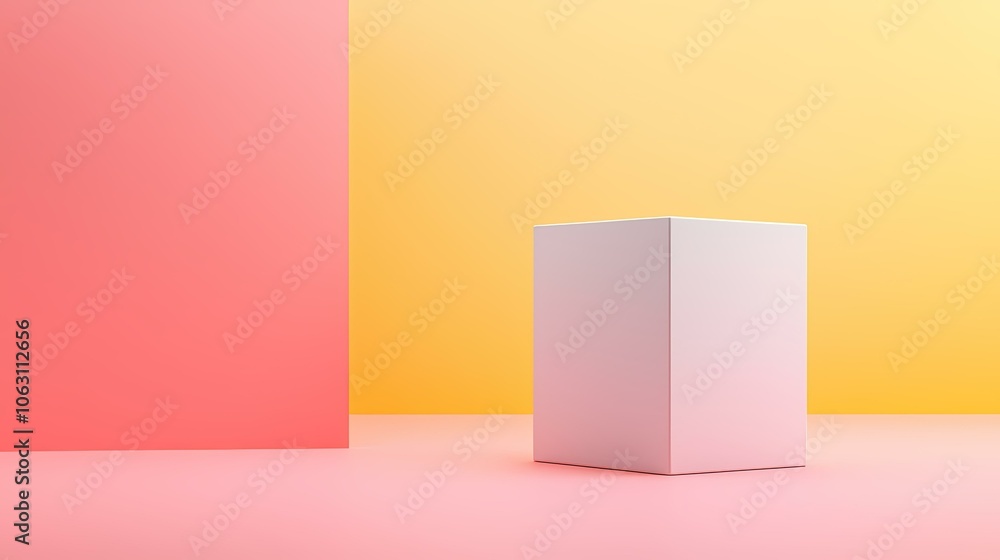 Poster the image contains a white cube shaped pedestal in the forefront, with a peach colored background on