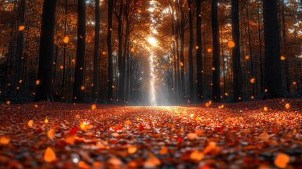 Serene autumn forest path with falling leaves and warm light.