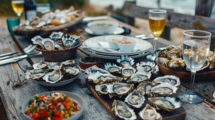 A table set with oysters, wine, and appetizers for a seafood feast.