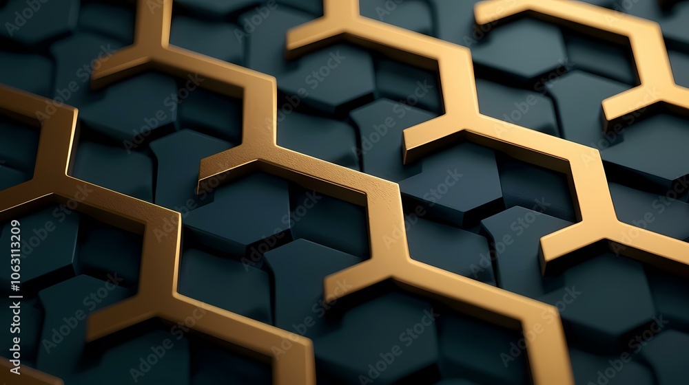 Poster a dark blue hexagonal tiled surface with a golden geometric pattern overlaid on top.