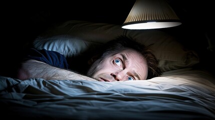Man lying in bed with wide-open eyes, showing deep concern and fatigue, unable to sleep in dimly lit room with soft glow from nightstand lamp.