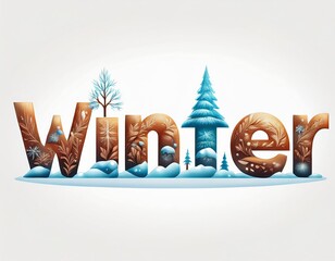 Winter lettering decorated with snowy trees and floral ornaments on transparent background