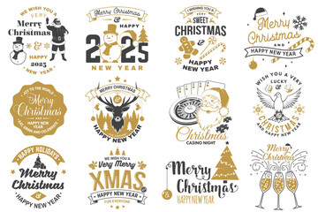 Set of Lucky Christmas casino night. Vintage print, logo, badge design with santa claus, casino dice, snowman, poker playing card, slot machines and sweet candy cane. Vector illustration.