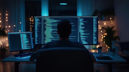 Nighttime Coding Session: A Programmer Fully Immersed in a Minimalist Studio Environment