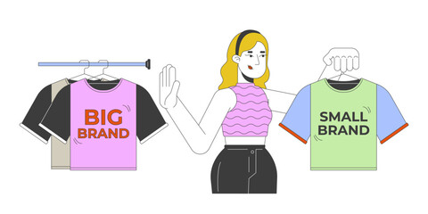 Choosing small brand clothes 2D illustration concept. Slow fashion. Affordable sustainable clothing. Conscious customer cartoon character isolated on white. Metaphor abstract flat vector graphic