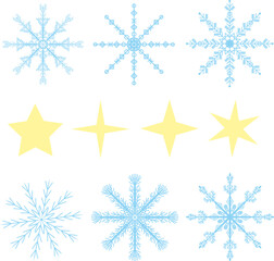 Blue snowflakes and gold stars set for winter themed projects, banners, backgrounds, invitations to holiday parties, winter weddings, festive gatherings, prints, calendars, planners, newsletters.