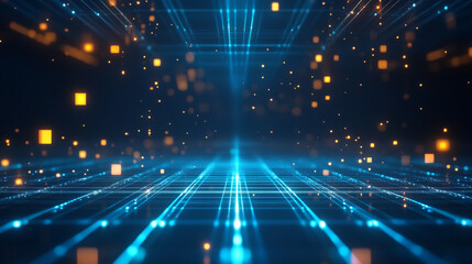 A blue sky with a lot of stars and a few clouds, A digital-inspired background featuring a neon grid on a dark.