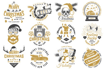 Set of Lucky Christmas casino night. Vintage print, logo, badge design with santa claus, casino dice, snowman, poker playing card, slot machines and sweet candy cane. Vector illustration.