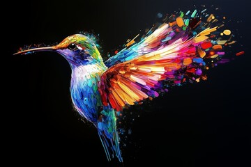 Colorful hummingbird flying and isolated on a black background
