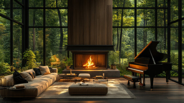 Fototapeta Cozy modern living room with a fireplace and grand piano surrounded by lush forest during the day