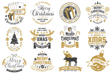 Set of Merry Christmas and 2025 Happy New Year stamp, sticker Set quotes with snowflakes, snowman, santa claus, candy, sweet candy, cookies. Vector. Vintage typography design for xmas, new year emblem