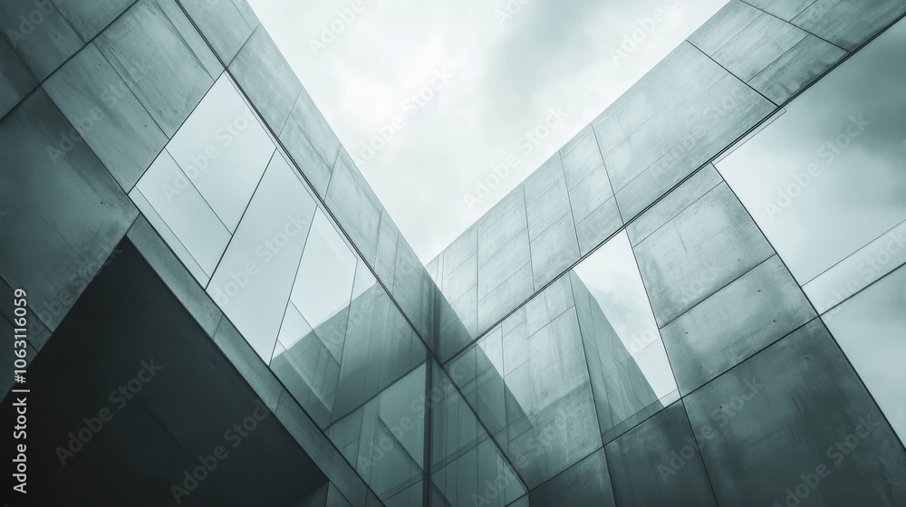 Wall mural modern architecture glass and concrete building reflecting cloudy sky
