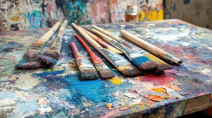 Obraz premium Vibrant Paintbrushes on Colorful Art Table