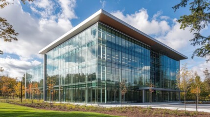Fototapeta premium Modern Glass Building with Green Landscape