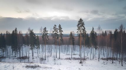 Fototapeta premium Serene winter landscape featuring tall evergreen trees amidst a snowy field, with a cloudy sky and distant hills, creating a peaceful natural scene in a rural setting.
