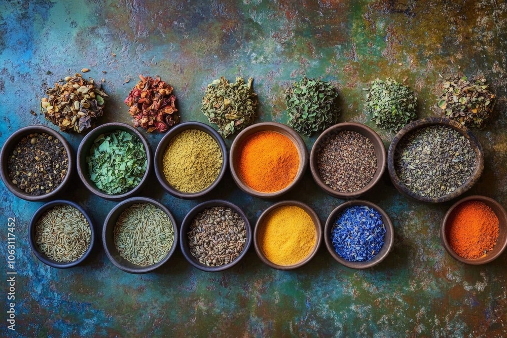 Poster A vibrant assortment of colorful spices neatly arranged in bowls on a textured rustic surface, showcasing culinary diversity and natural flavor richness.