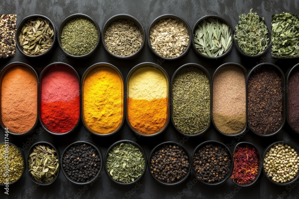 Poster An exquisite selection of vivid spices in oval containers set against a dark backdrop, emphasizing the rich variety and depth of the culinary ingredients.