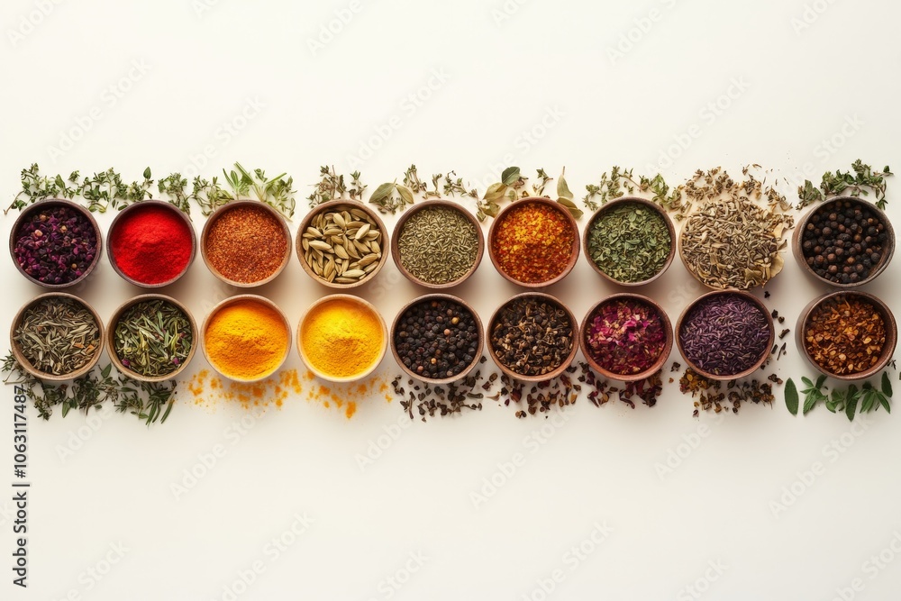 Poster A beautifully arranged display of natural spices in bowls on a clean white backdrop, emphasizing the diversity and vibrant palette of culinary flavors.