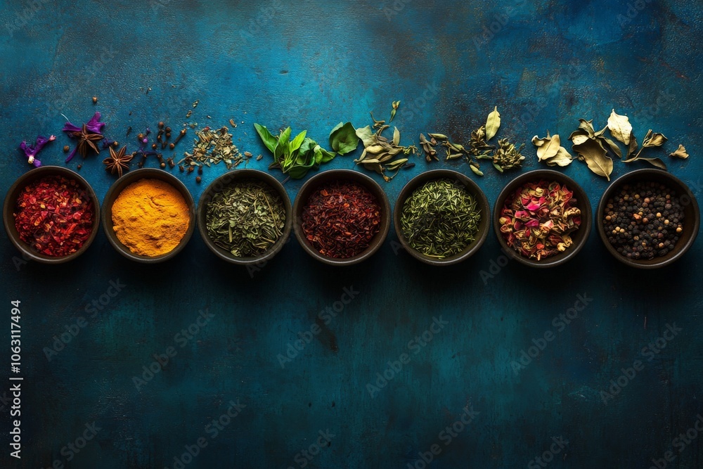 Poster A dynamic array of vibrant spices displayed on a dark, textured background, emphasizing the rich cultural and culinary heritage they represent.