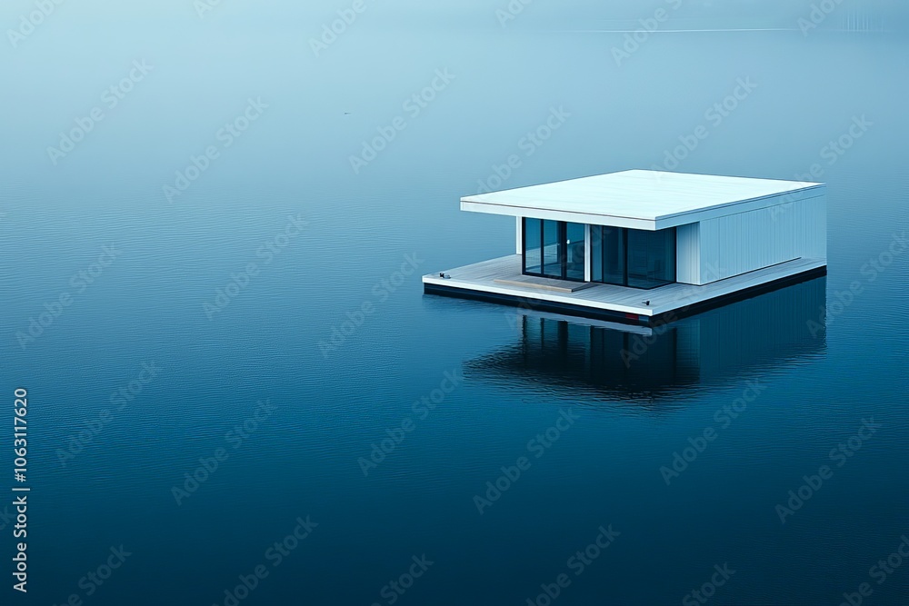 Poster A pristine white minimalist structure floats on an expansive blue lake, its clean design and huge window panes creating a sense of weightless serenity and reflection.