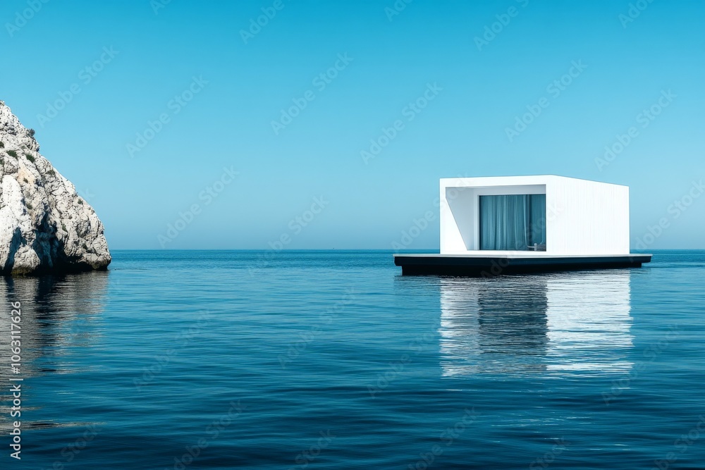 Poster a sleek, modern white cube house floats on the clear blue ocean, reflecting simplicity and tranquili