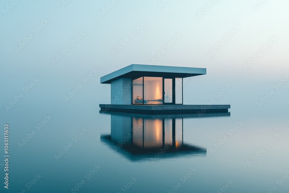 Poster This minimalist-style floating pavilion showcases sleek design with spacious windows while quietly resting on a serene lake, reflecting a calm twilight ambiance.