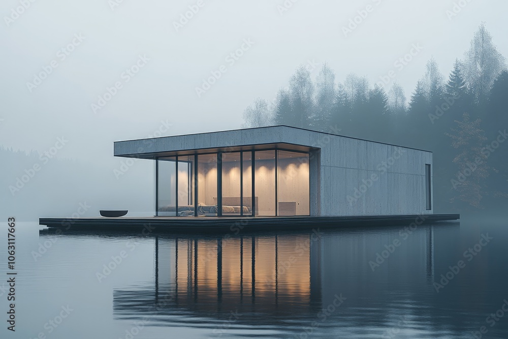 Poster this sleek minimalist house floats calmly in the tranquil foggy woodland, achieving an aesthetic bal