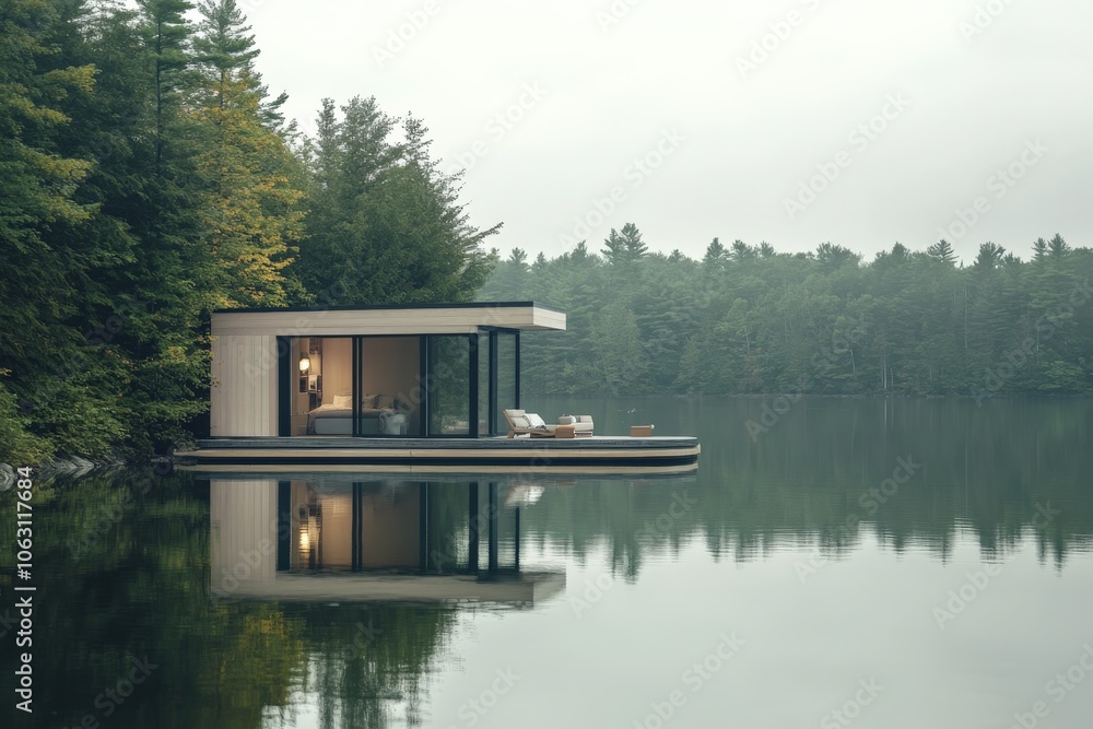 Poster A modern house surrounded by serene forest reflections on a tranquil lake, blending contemporary design with natural elements in an idyllic picturesque setting.