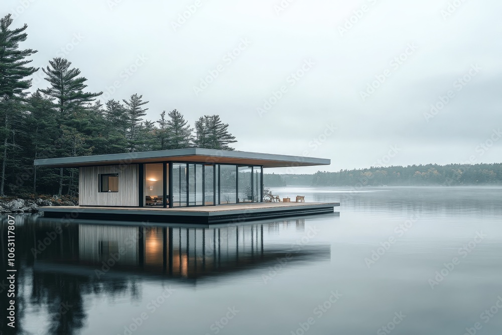 Poster a sleek, modern cabin with large glass walls rests peacefully on a calm lake, surrounded by a lush g