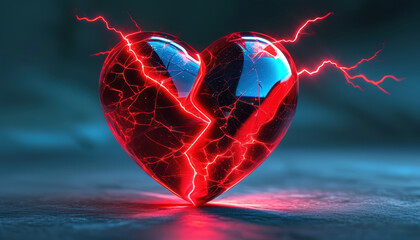 A glass “Broken Heart” with lightning bolts and a blue-red glow behind it.