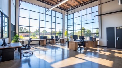 Bright and spacious office floor with large glass windows, modern desks, and high ceilings, allowing natural light to flood the space.