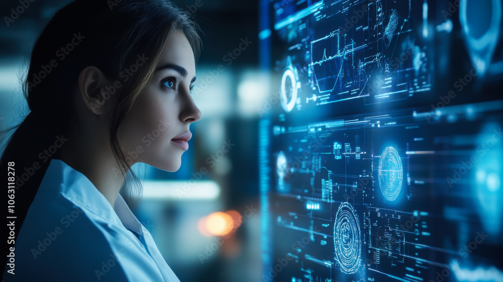 Aufkleber young female scientist analyzing advanced digital data in a high-tech laboratory environment during 