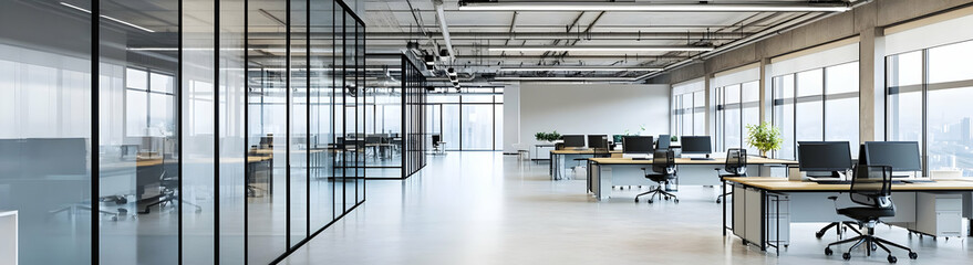 Modern office space with desks, computers, and glass partitions. AI Image